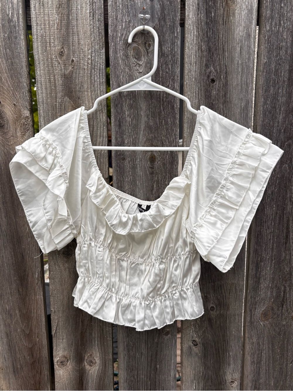 White Satin Ruffled Smocked Women's Top